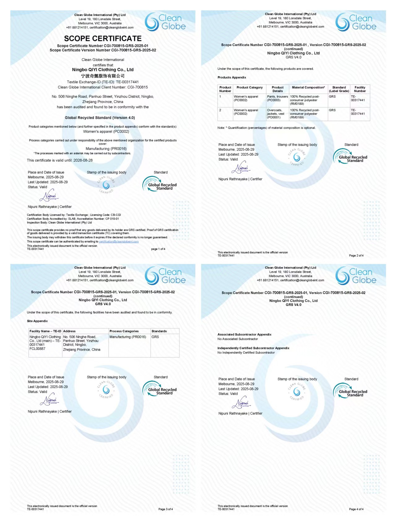 Scope Certificate Number 700815 GRS-2025 ningbo qiyi clothing